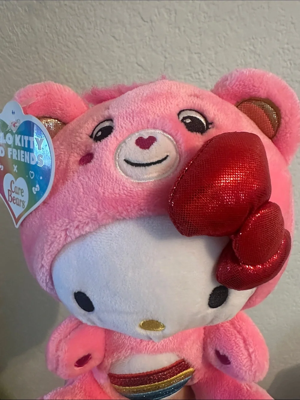 Hello Kitty Pink Plush with Red Shiny Bow and Rainbow Patch